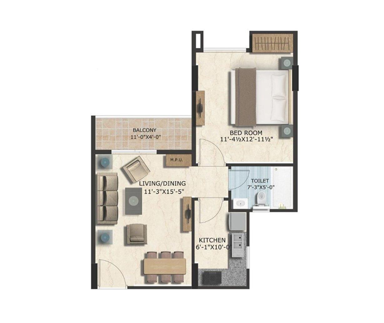 Floor plan of 1 BHK 652 Sq. Ft. Apartment in GKB Grace Apartment, Jaipur