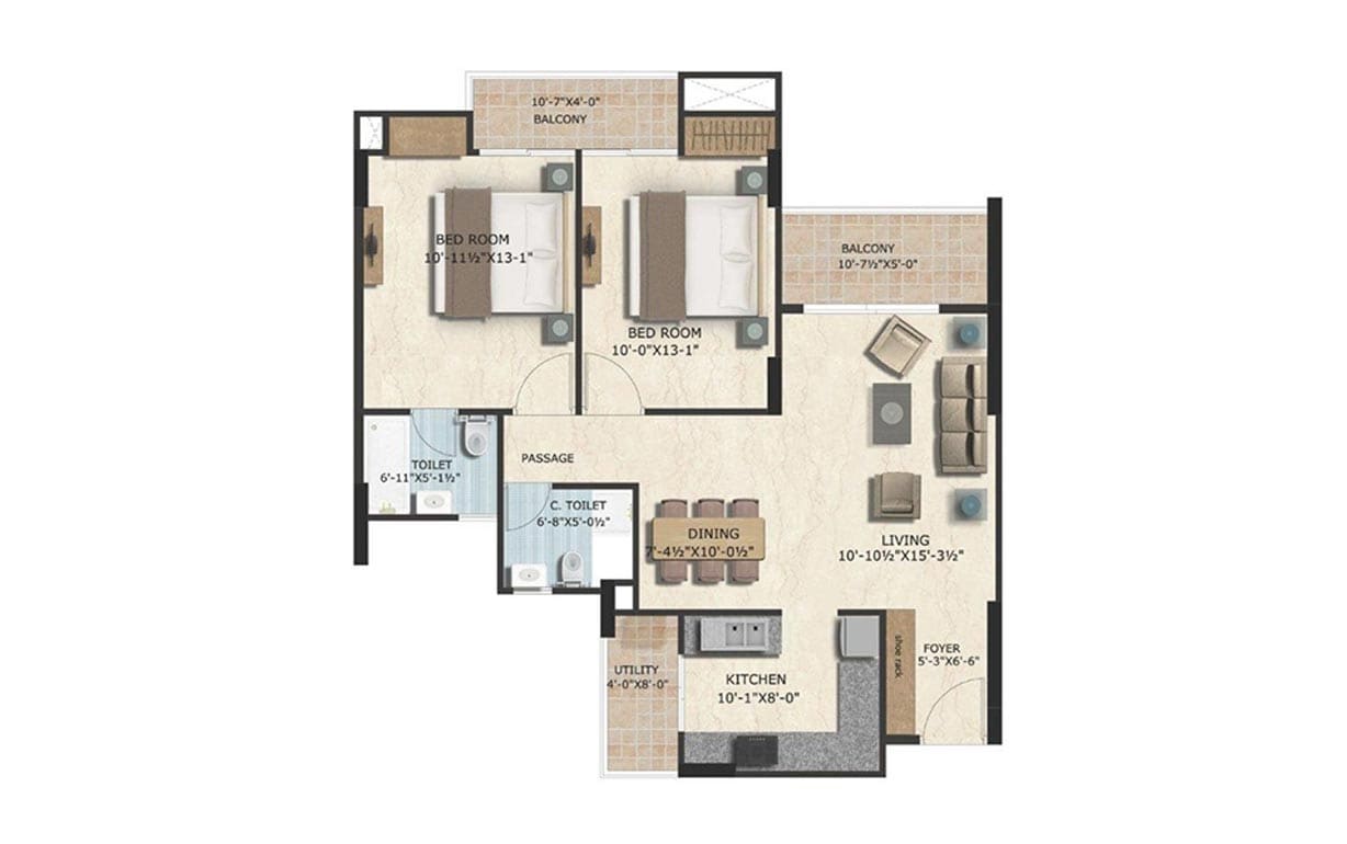 Floor plan of 2 BHK 940 Sq. Ft. Apartment in GKB Grace Apartment, Jaipur