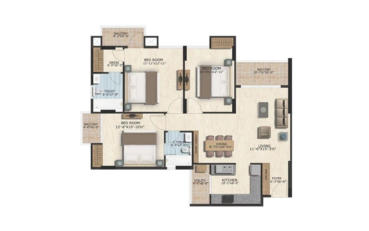Floor plan of 3 BHK 1492 Sq. Ft. Apartment in GKB Grace Apartment, Jaipur