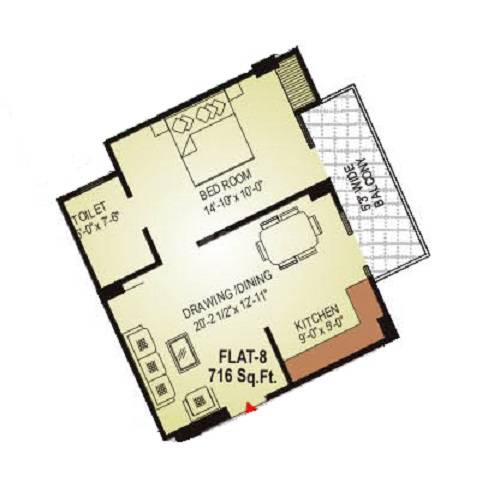 Floor plan of 1 BHK 716 Sq. Ft. Apartment in Gordhan Heights, Jaipur