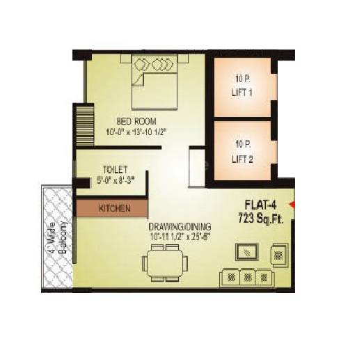 Floor plan of 1 BHK 723 Sq. Ft. Apartment in Gordhan Heights, Jaipur