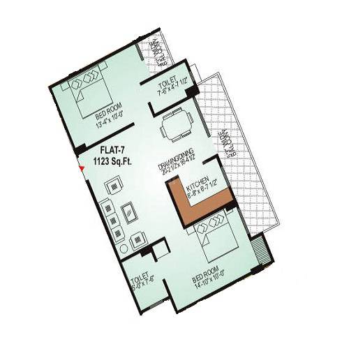 Floor plan of 2 BHK 1123 Sq. Ft. Apartment in Gordhan Heights, Jaipur