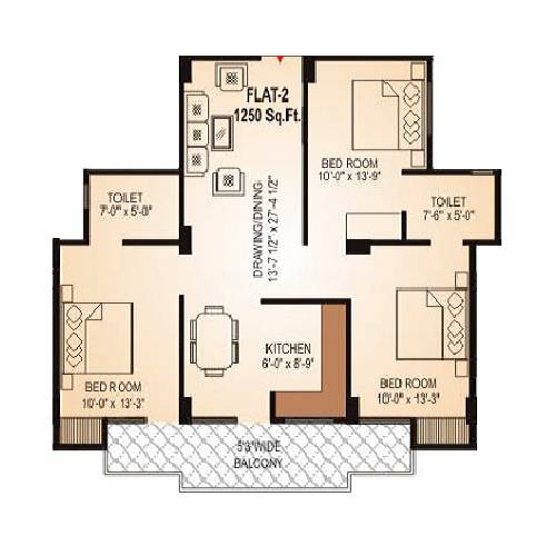 Floor plan of 3 BHK 1250 Sq. Ft. Apartment in Gordhan Heights, Jaipur