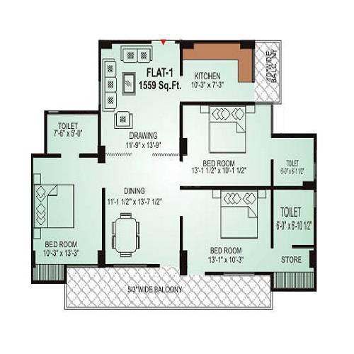 Floor plan of 3 BHK 1559 Sq. Ft. Apartment in Gordhan Heights, Jaipur
