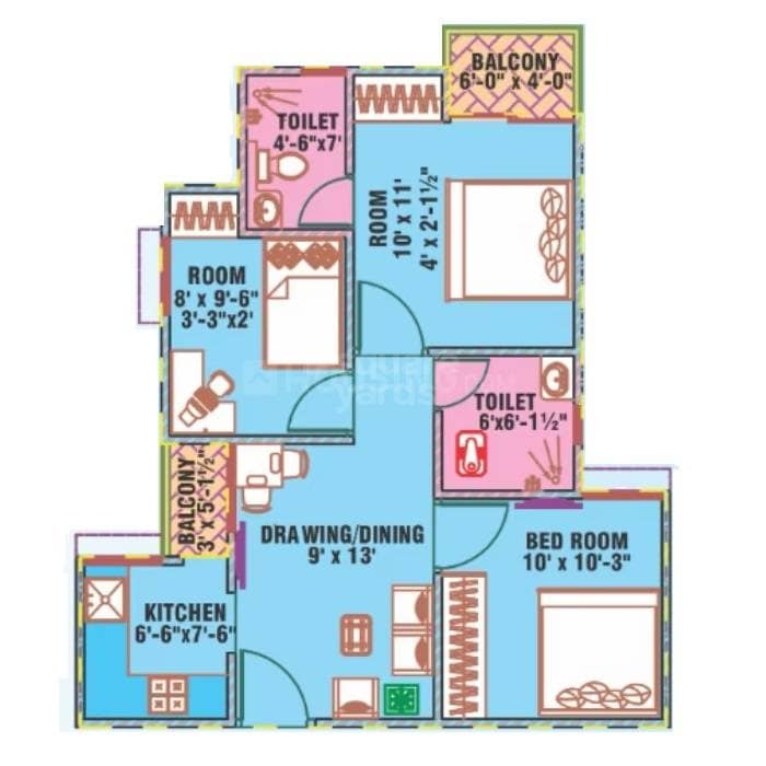 Floor plan of 3 BHK 730 Sq. Ft. Apartment in Govindam Jaisinghpura, Jaipur