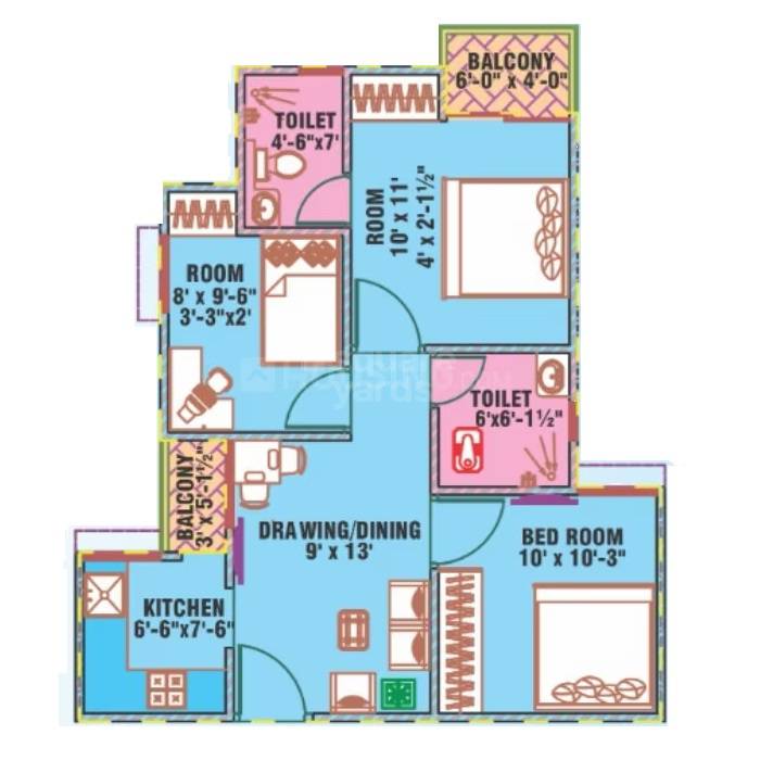 3 BHK 730 Sq. Ft. Apartment