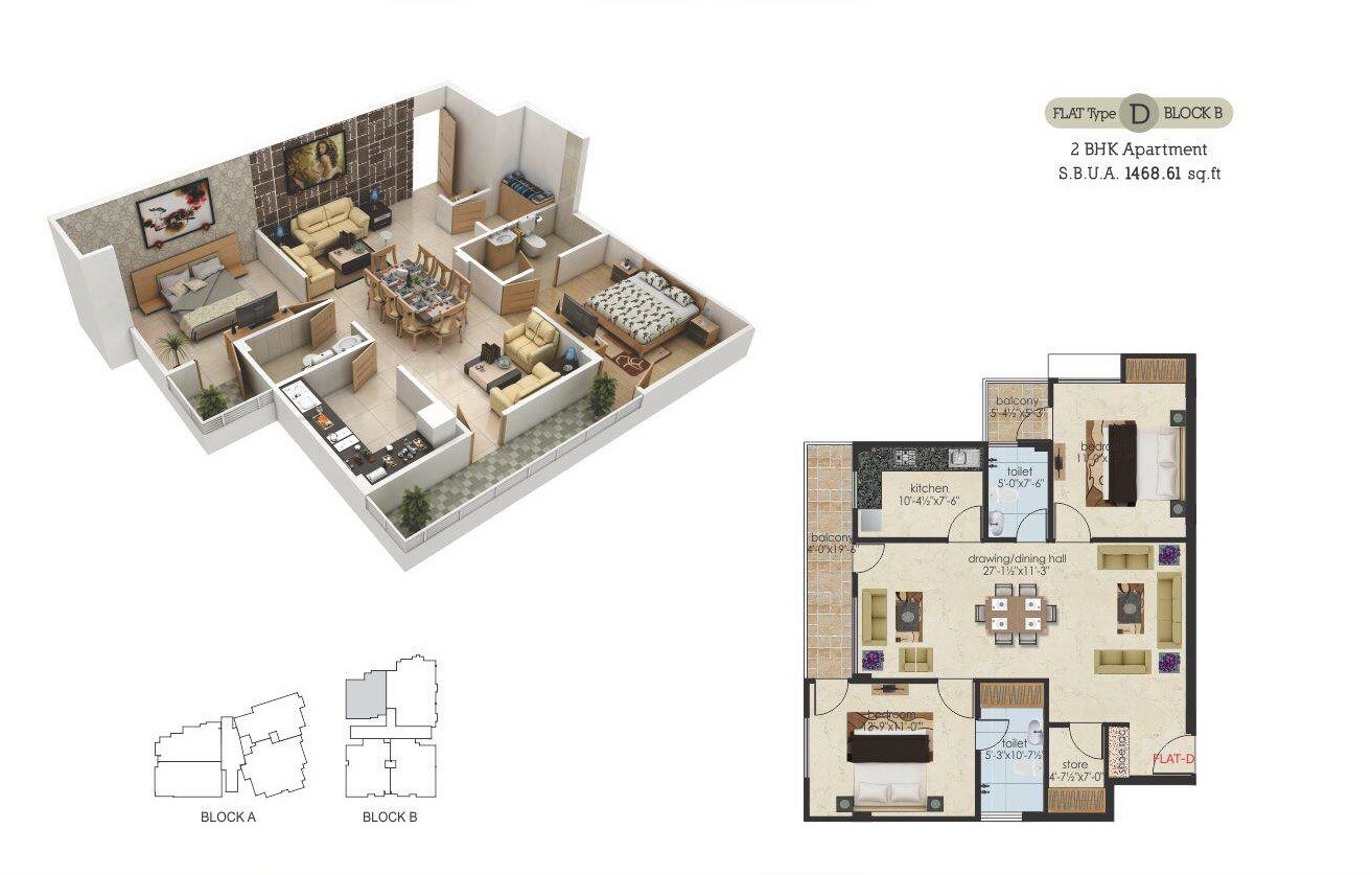 Floor plan of 2 BHK 1468 Sq. Ft. Apartment in Guman Eternity, Jaipur