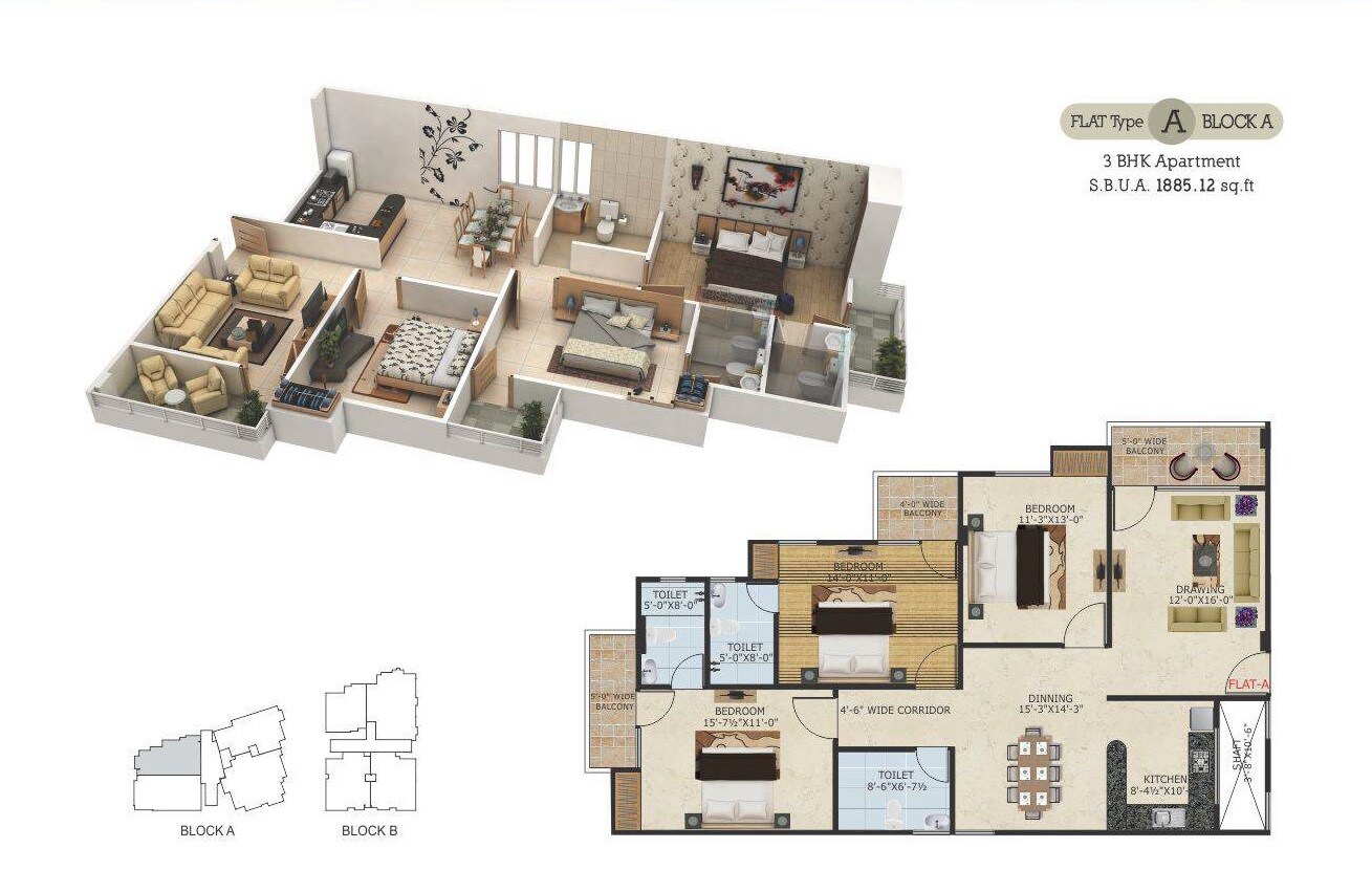 Floor plan of 3 BHK 1885 Sq. Ft. Apartment in Guman Eternity, Jaipur