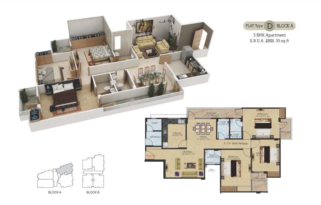 Floor plan of 3 BHK 2001 Sq. Ft. Apartment in Guman Eternity, Jaipur