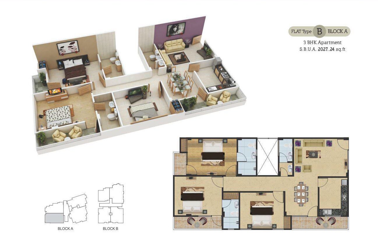 Floor plan of 3 BHK 2027 Sq. Ft. Apartment in Guman Eternity, Jaipur