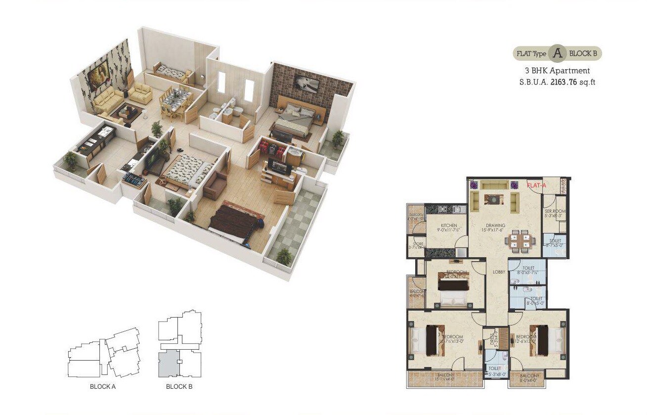 Floor plan of 3 BHK 2163 Sq. Ft. Apartment in Guman Eternity, Jaipur