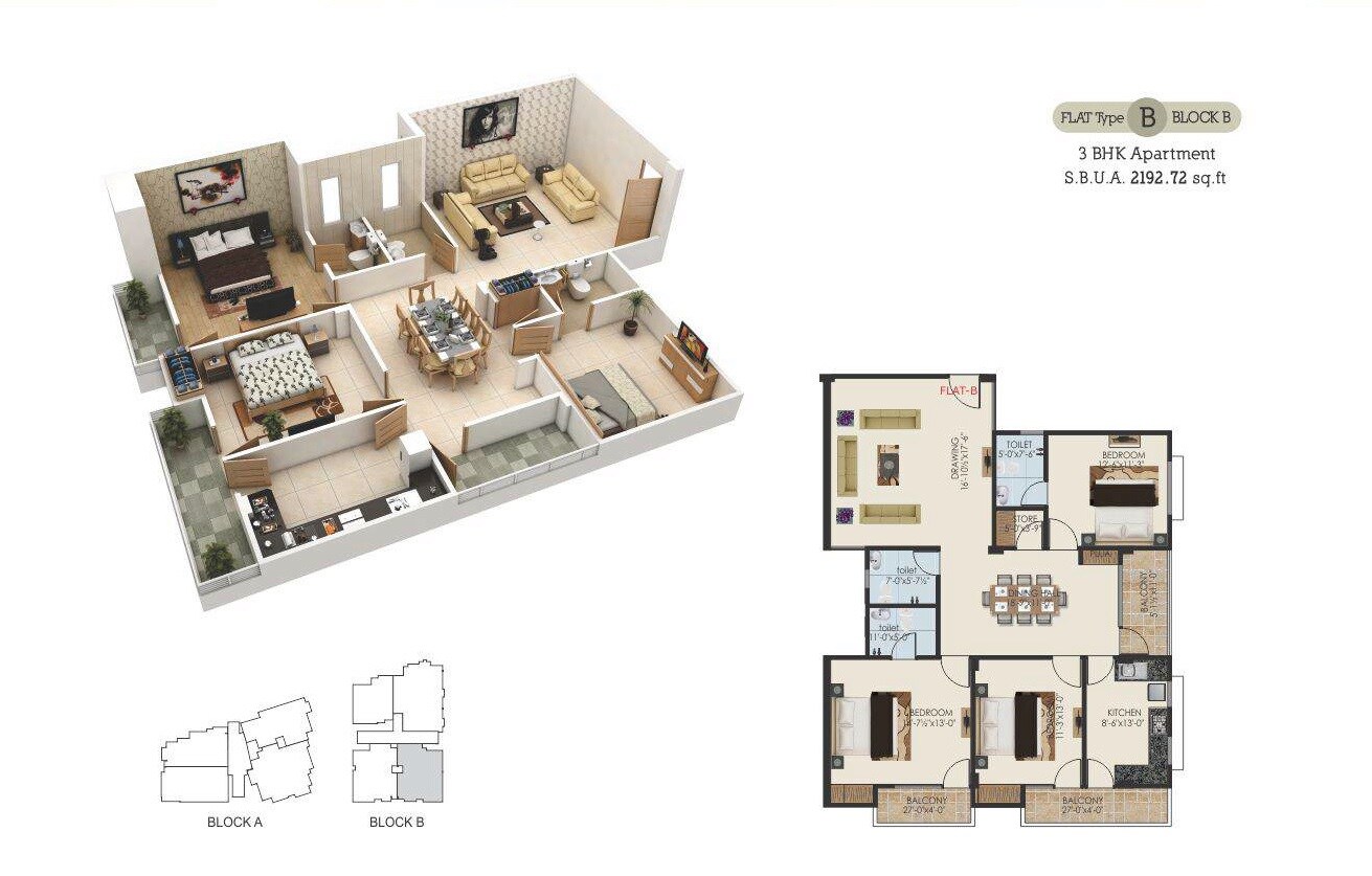 Floor plan of 3 BHK 2192 Sq. Ft. Apartment in Guman Eternity, Jaipur