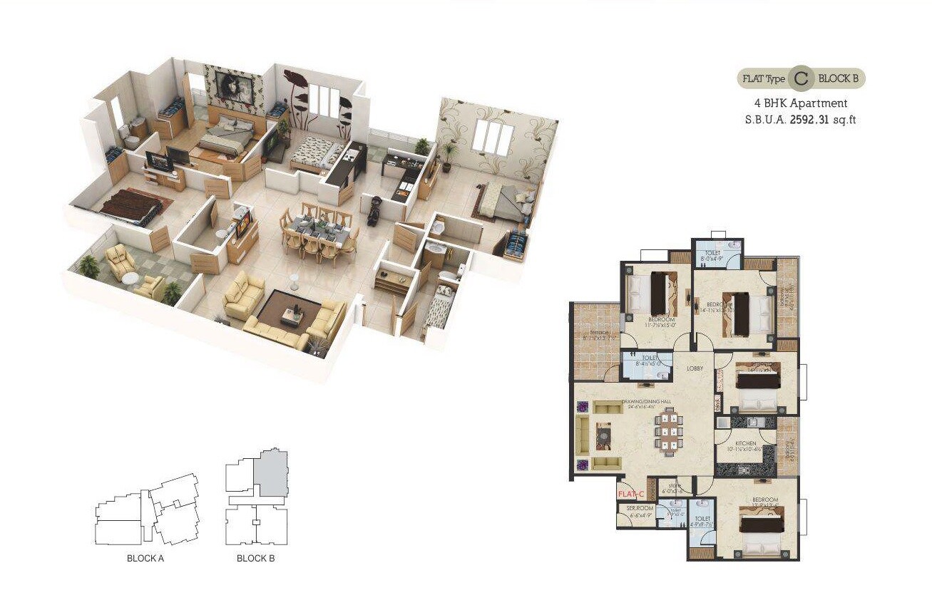 Floor plan of 4 BHK 2592 Sq. Ft. Apartment in Guman Eternity, Jaipur