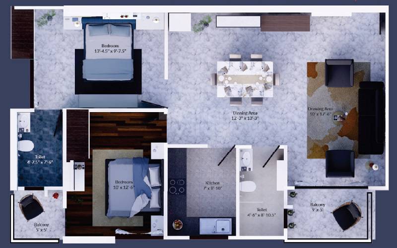 Floor plan of 2 BHK Apartment - 660 sq. ft. in Guman Kardhani Heights, Jaipur