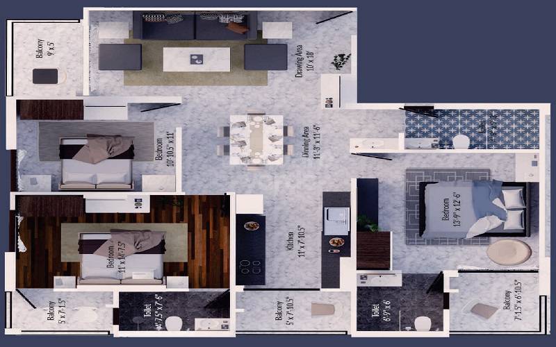 Floor plan of 3 BHK Apartment - 928 sq. ft. in Guman Kardhani Heights, Jaipur