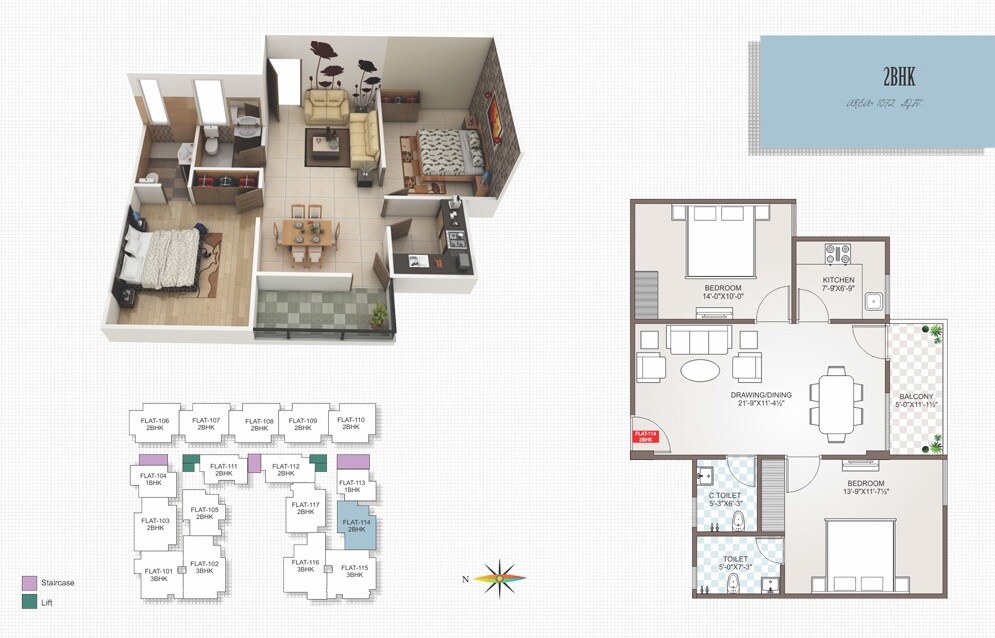 Floor plan of 2 BHK 1072 Sq. Ft. Apartment in Guman Mayfair Heights, Jaipur