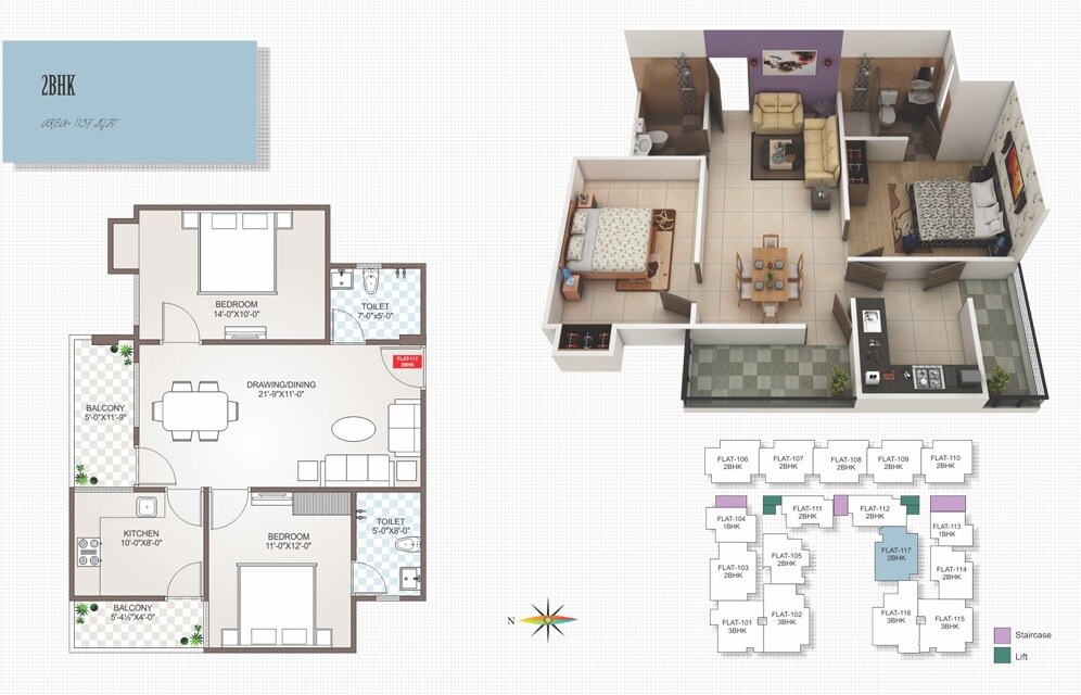 Floor plan of 2 BHK 1137 Sq. Ft. Apartment in Guman Mayfair Heights, Jaipur