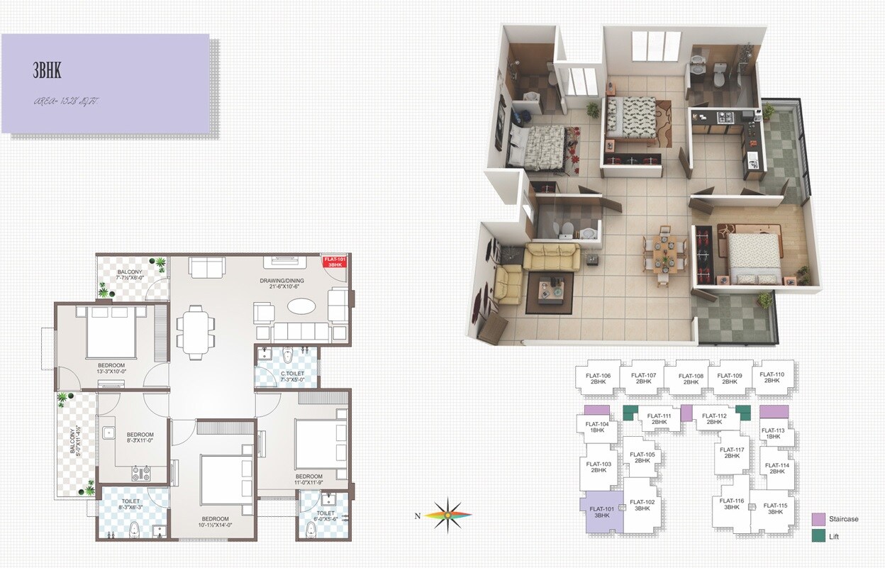 Floor plan of 3 BHK 1528 Sq. Ft. Apartment in Guman Mayfair Heights, Jaipur