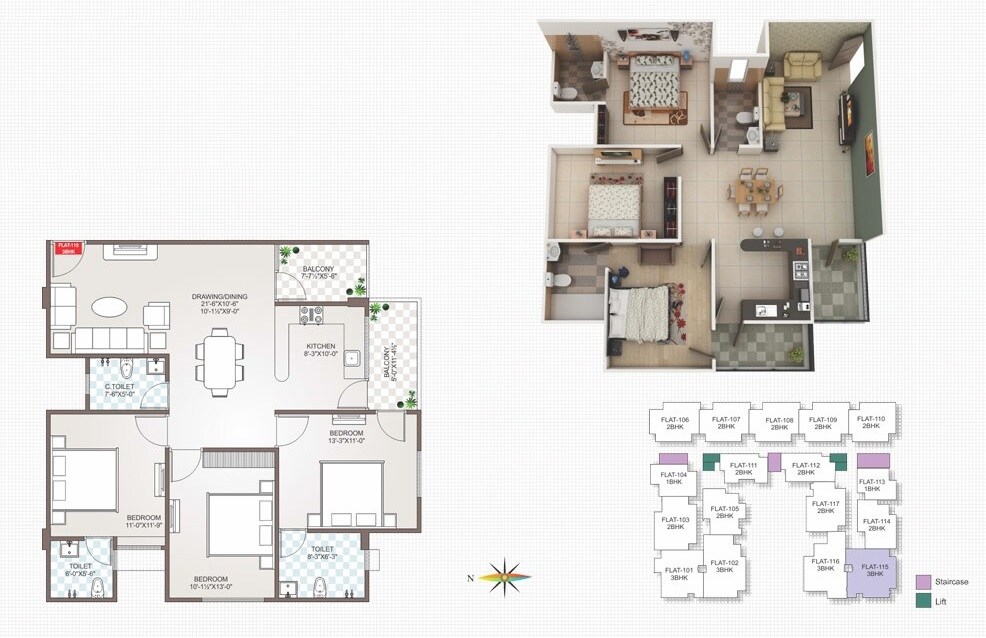 Floor plan of 3 BHK 1550 Sq. Ft. Apartment in Guman Mayfair Heights, Jaipur
