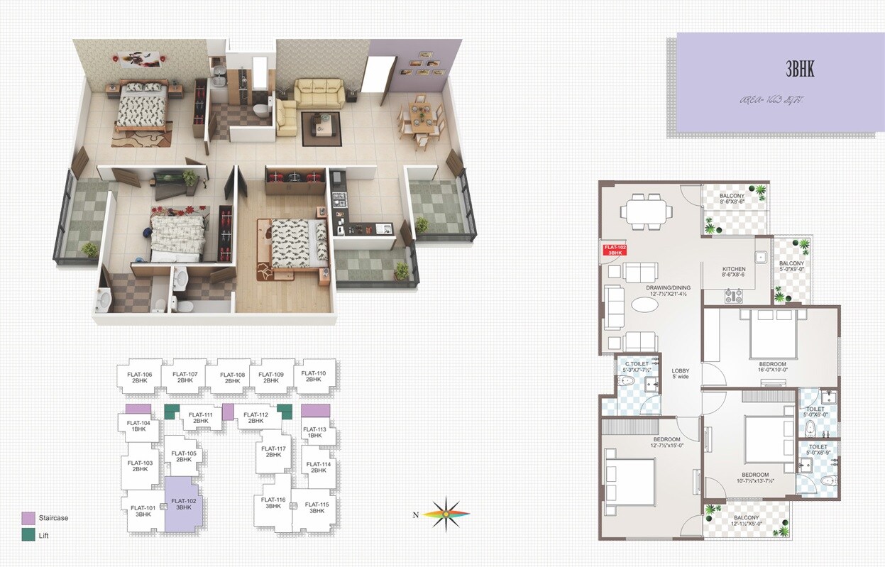 Floor plan of 3 BHK 1663 Sq. Ft. Apartment in Guman Mayfair Heights, Jaipur