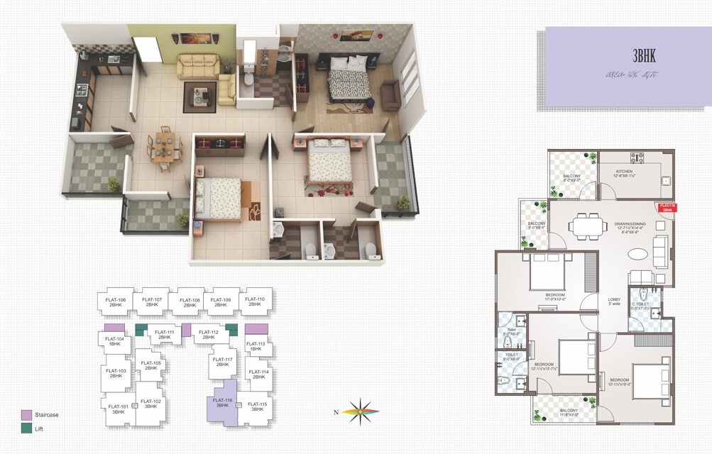 Floor plan of 3 BHK 1696 Sq. Ft. Apartment in Guman Mayfair Heights, Jaipur