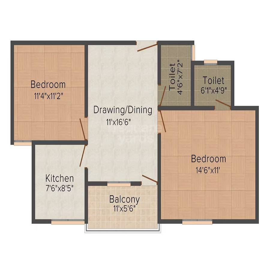 Floor plan of 2 BHK 949 Sq. Ft. Apartment in Guman Viva Heights, Jaipur