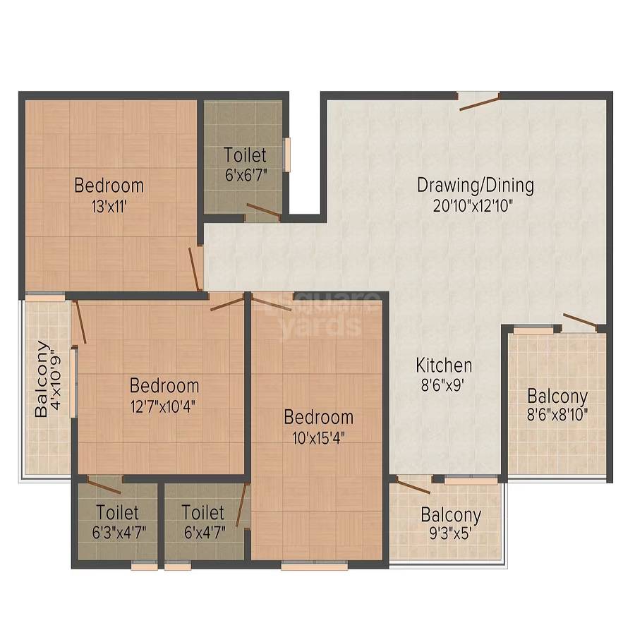 Floor plan of 3 BHK 1558 Sq. Ft. Apartment in Guman Viva Heights, Jaipur