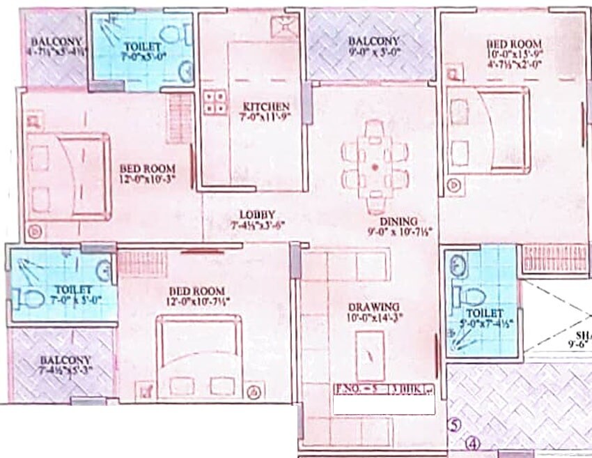 Floor plan of 3 BHK 845 Sq. Ft. Apartment in Gurukripa Grand Sky Apartments, Jaipur