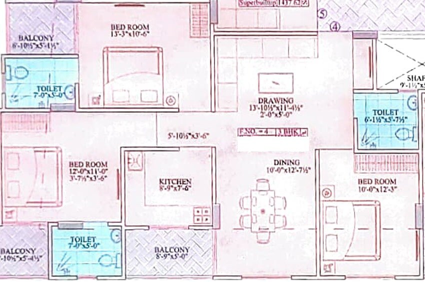 Floor plan of 3 BHK 959 Sq. Ft. Apartment in Gurukripa Grand Sky Apartments, Jaipur