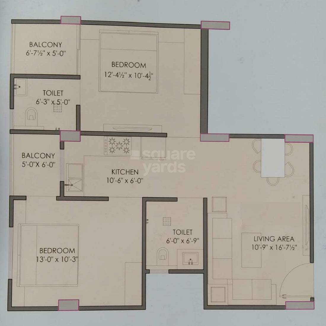 Floor plan of 2 BHK 1057 Sq. Ft. Apartment in Gurukripa Heights, Jaipur