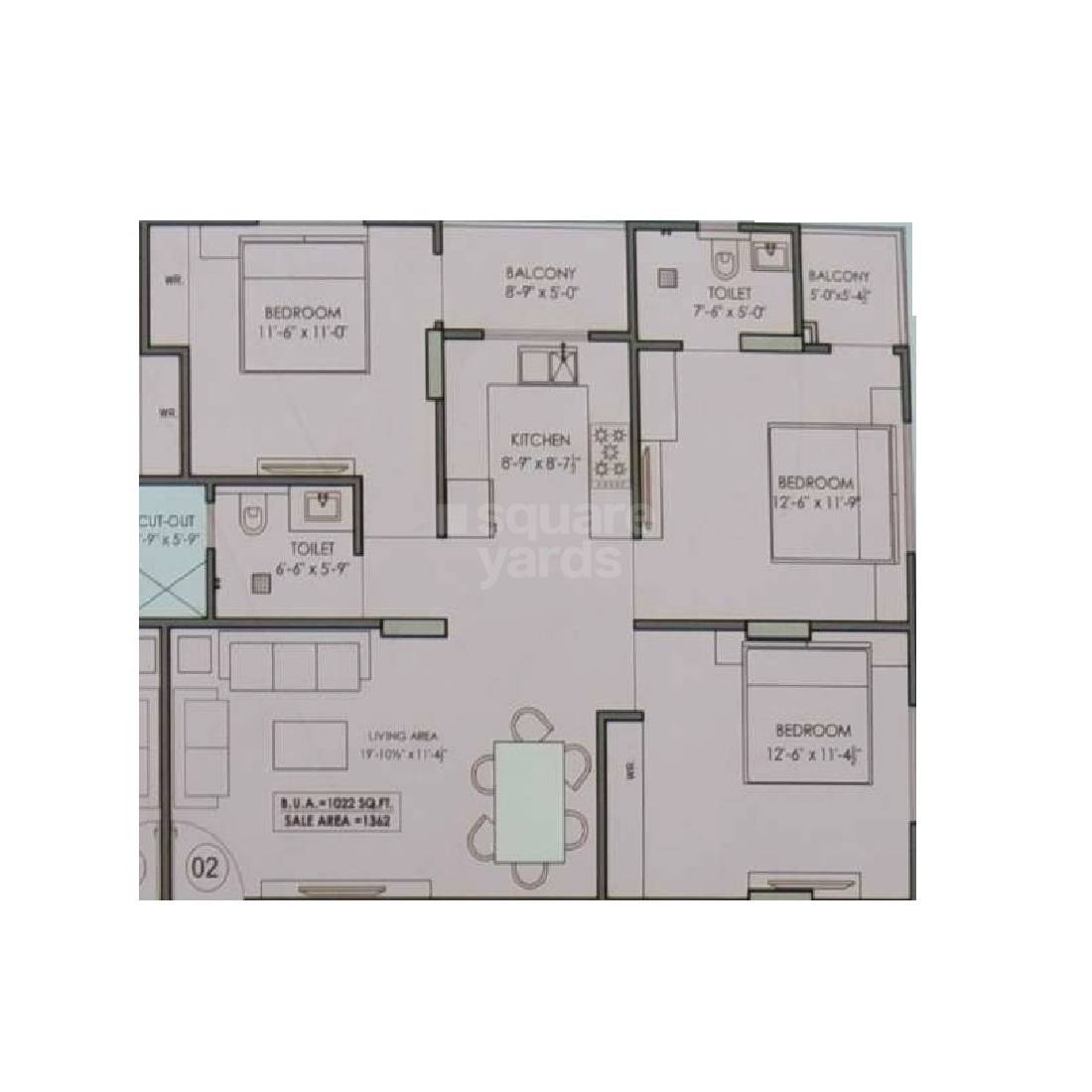 Floor plan of 3 BHK 1362 Sq. Ft. Apartment in Gurukripa Heights, Jaipur