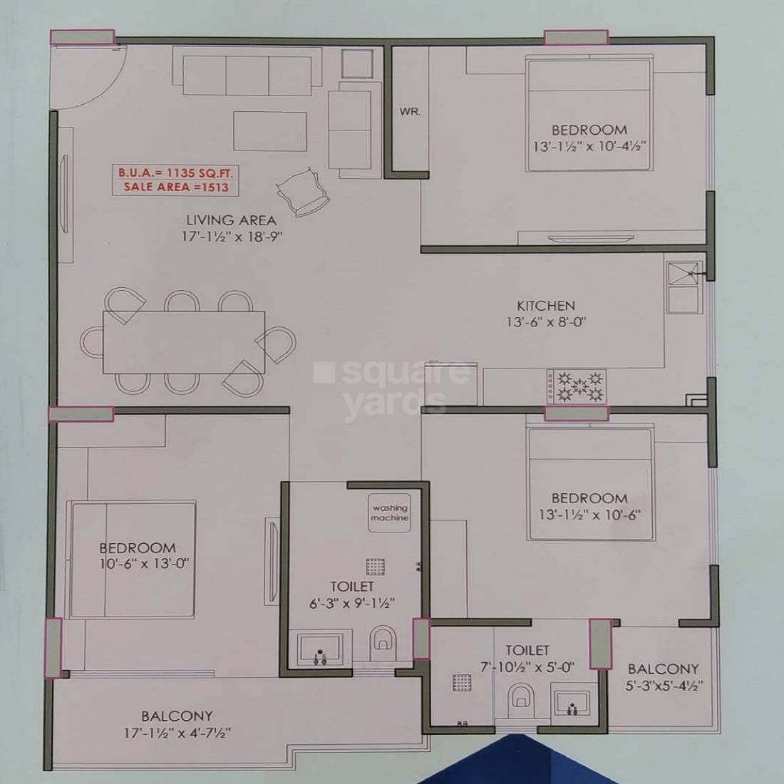 Floor plan of 3 BHK 1513 Sq. Ft. Apartment in Gurukripa Heights, Jaipur
