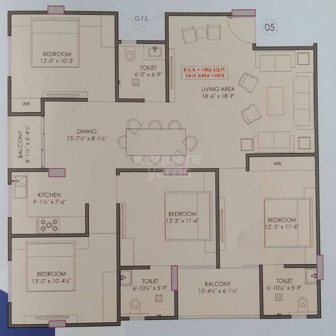 Floor plan of 4 BHK 1874 Sq. Ft. Apartment in Gurukripa Heights, Jaipur