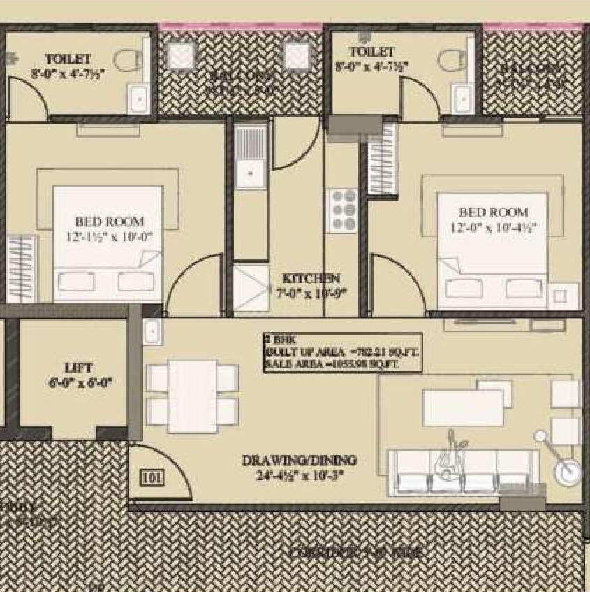 Floor plan of 2 BHK 1056 Sq. Ft. Apartment in HT Livasha, Jaipur