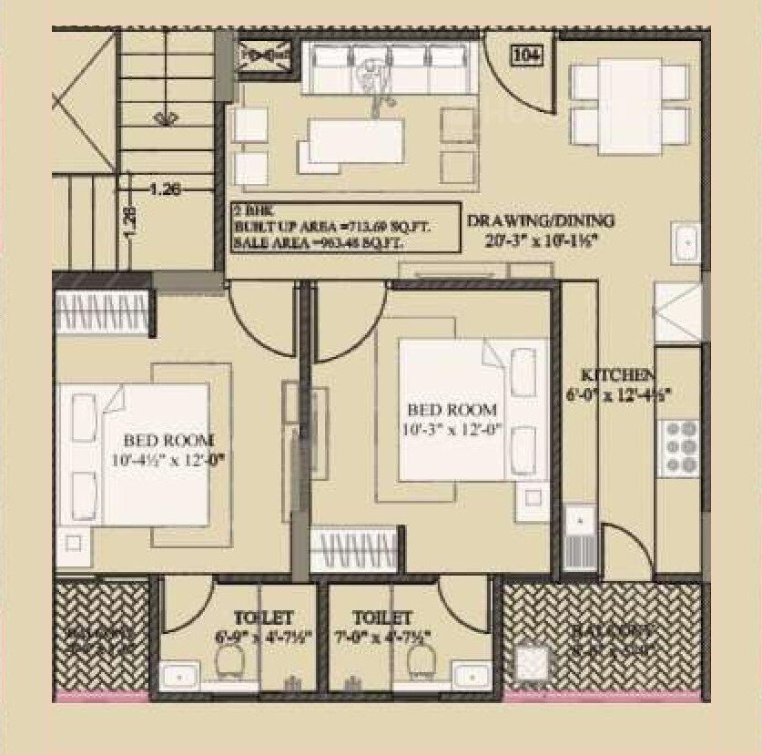 Floor plan of 2 BHK 963 Sq. Ft. Apartment in HT Livasha, Jaipur