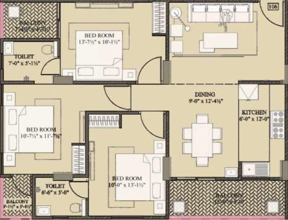 Floor plan of 3 BHK 1370 Sq. Ft. Apartment in HT Livasha, Jaipur
