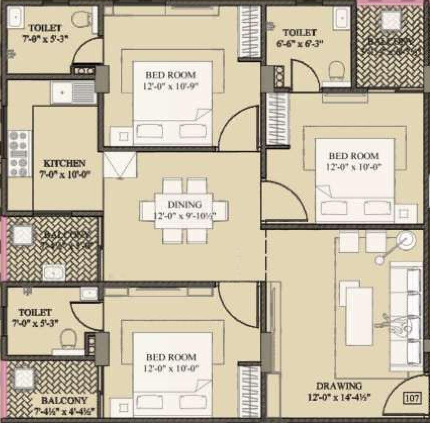 Floor plan of 3 BHK 1468 Sq. Ft. Apartment in HT Livasha, Jaipur