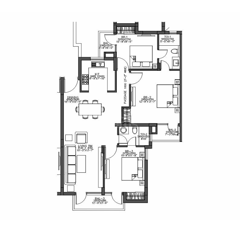 3 BHK 1406 Sq. Ft. Apartment