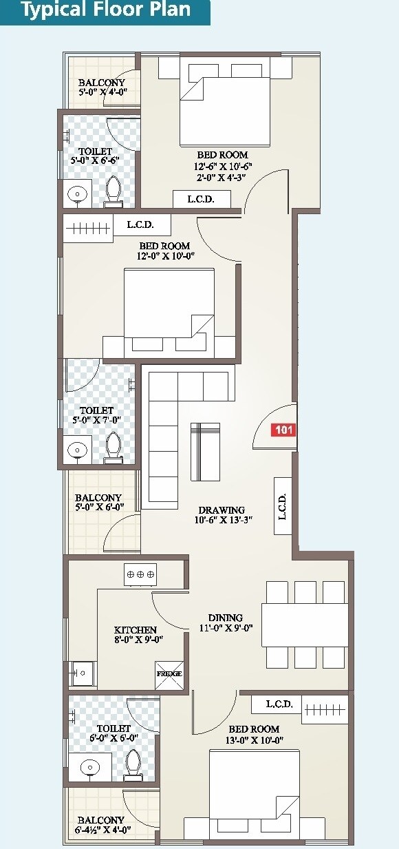 Floor plan of 3 BHK 1336 Sq. Ft. Apartment in Icarus Belle Vue, Jaipur