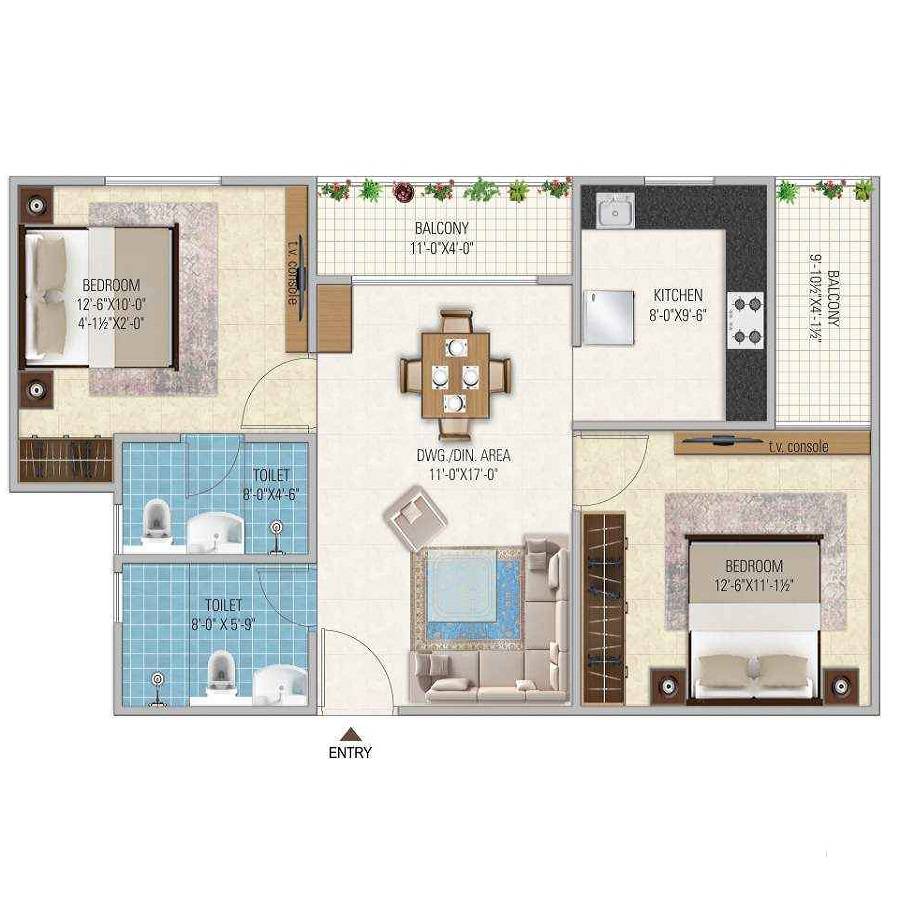 Floor plan of 2 BHK 640 Sq. Ft. Apartment in Imperial Krishna Residency, Jaipur