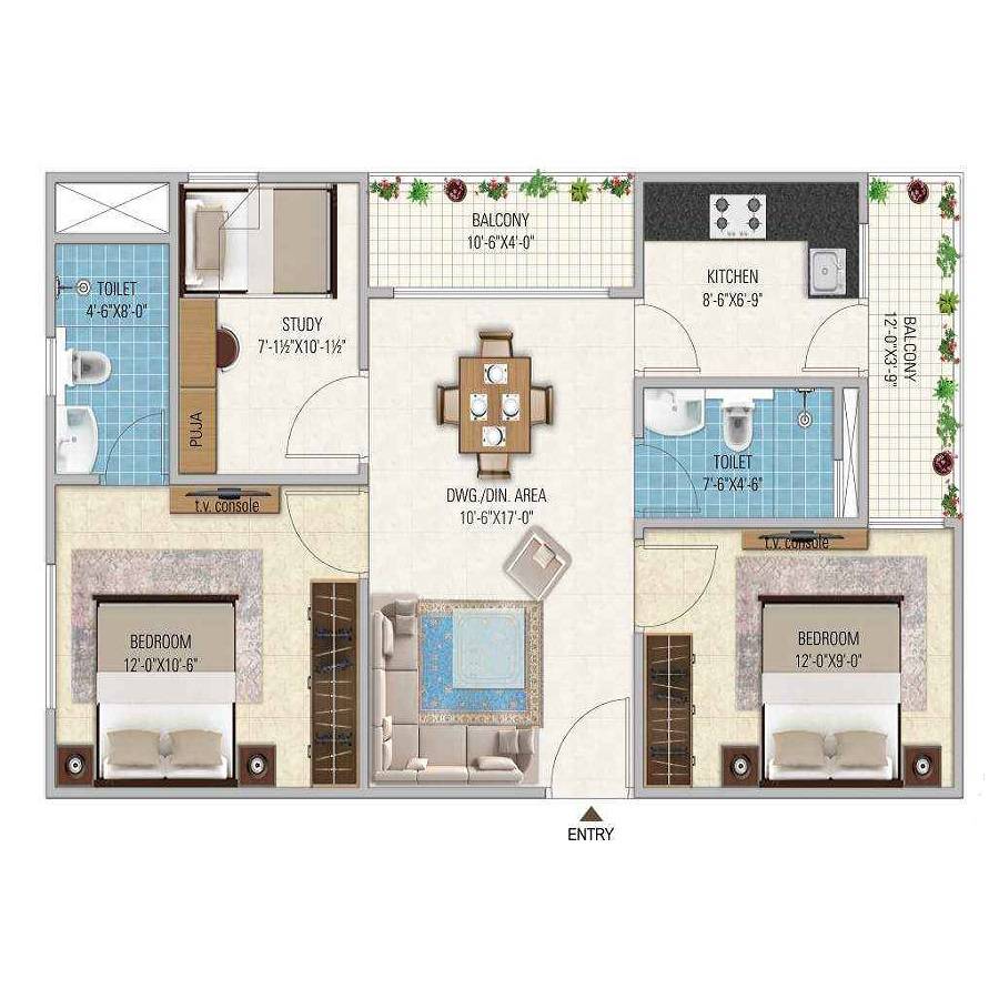 Floor plan of 2 BHK 646 Sq. Ft. Apartment in Imperial Krishna Residency, Jaipur
