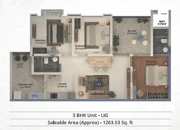 Floor plan of 3 BHK 1263 Sq. Ft. Apartment in J Park, Jaipur