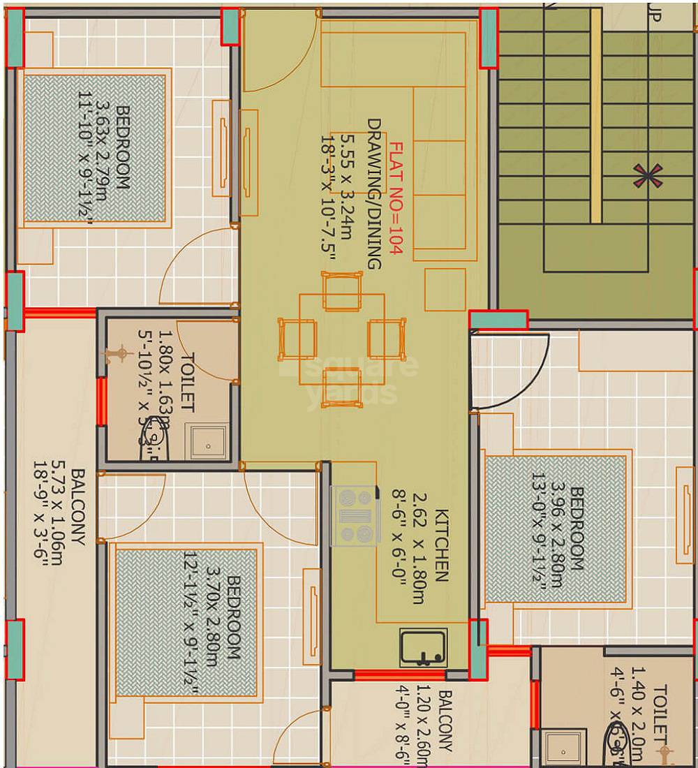 Floor plan of 3 BHK 651 Sq. Ft. Apartment in Jagdamba Apartments Mansarovar, Jaipur