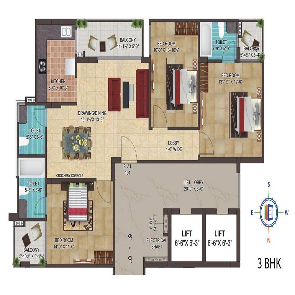 Floor plan of 3 BHK 1653 Sq. Ft. Apartment in Jaipur Padam Prime, Jaipur