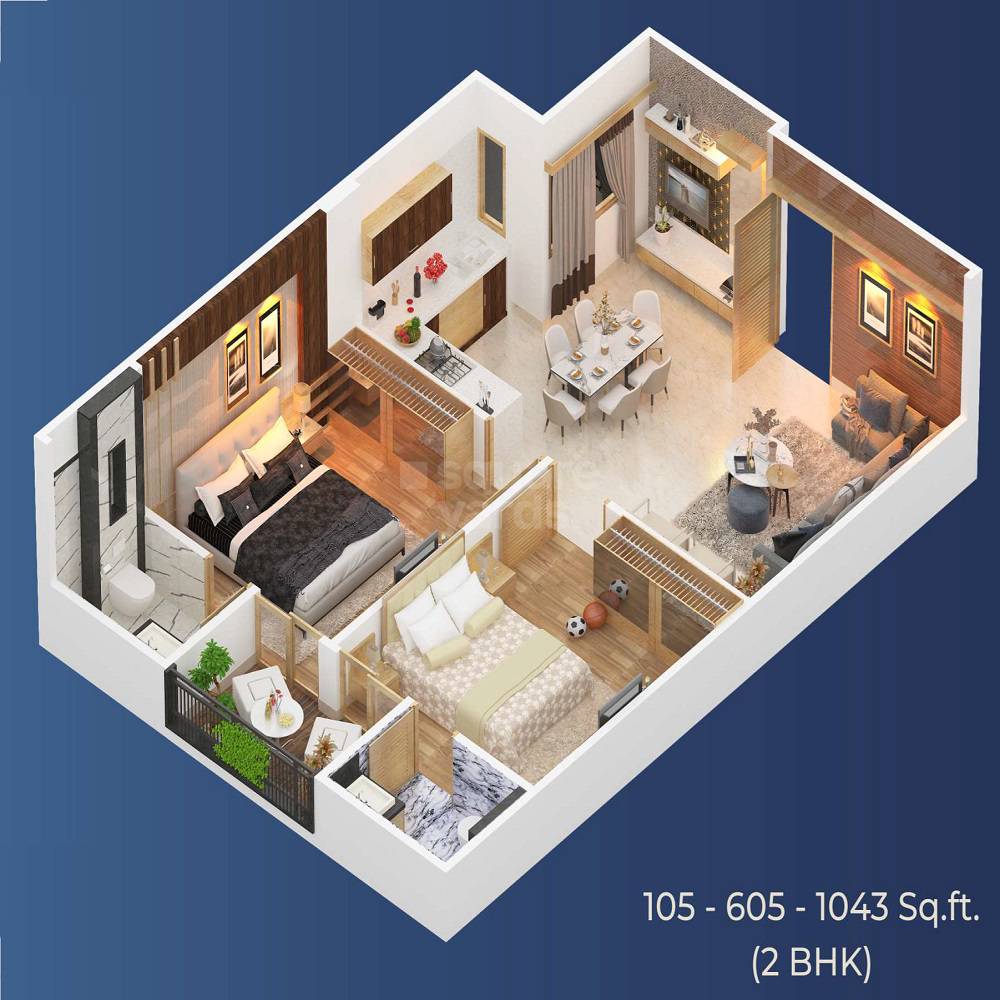 Floor plan of 2 BHK 1043 Sq. Ft. Apartment in JVJ Antillia, Jaipur