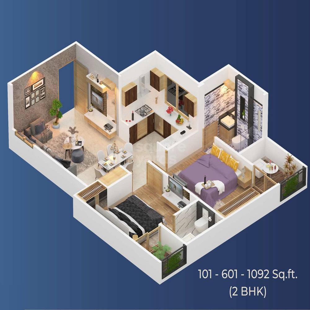 Floor plan of 2 BHK 1092 Sq. Ft. Apartment in JVJ Antillia, Jaipur