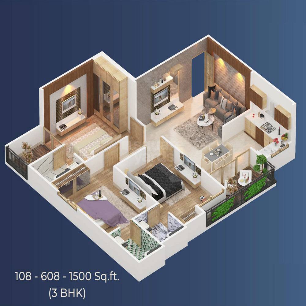 Floor plan of 3 BHK 1500 Sq. Ft. Apartment in JVJ Antillia, Jaipur