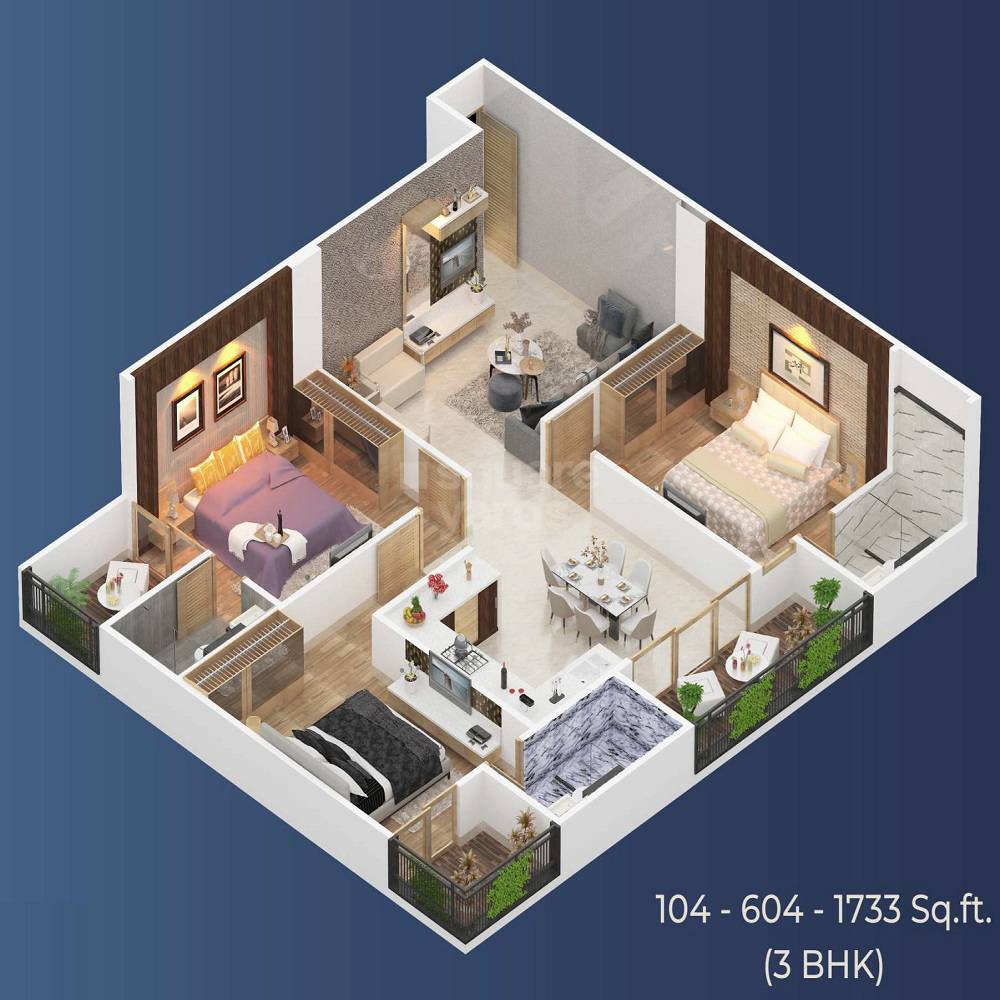 Floor plan of 3 BHK 1733 Sq. Ft. Apartment in JVJ Antillia, Jaipur