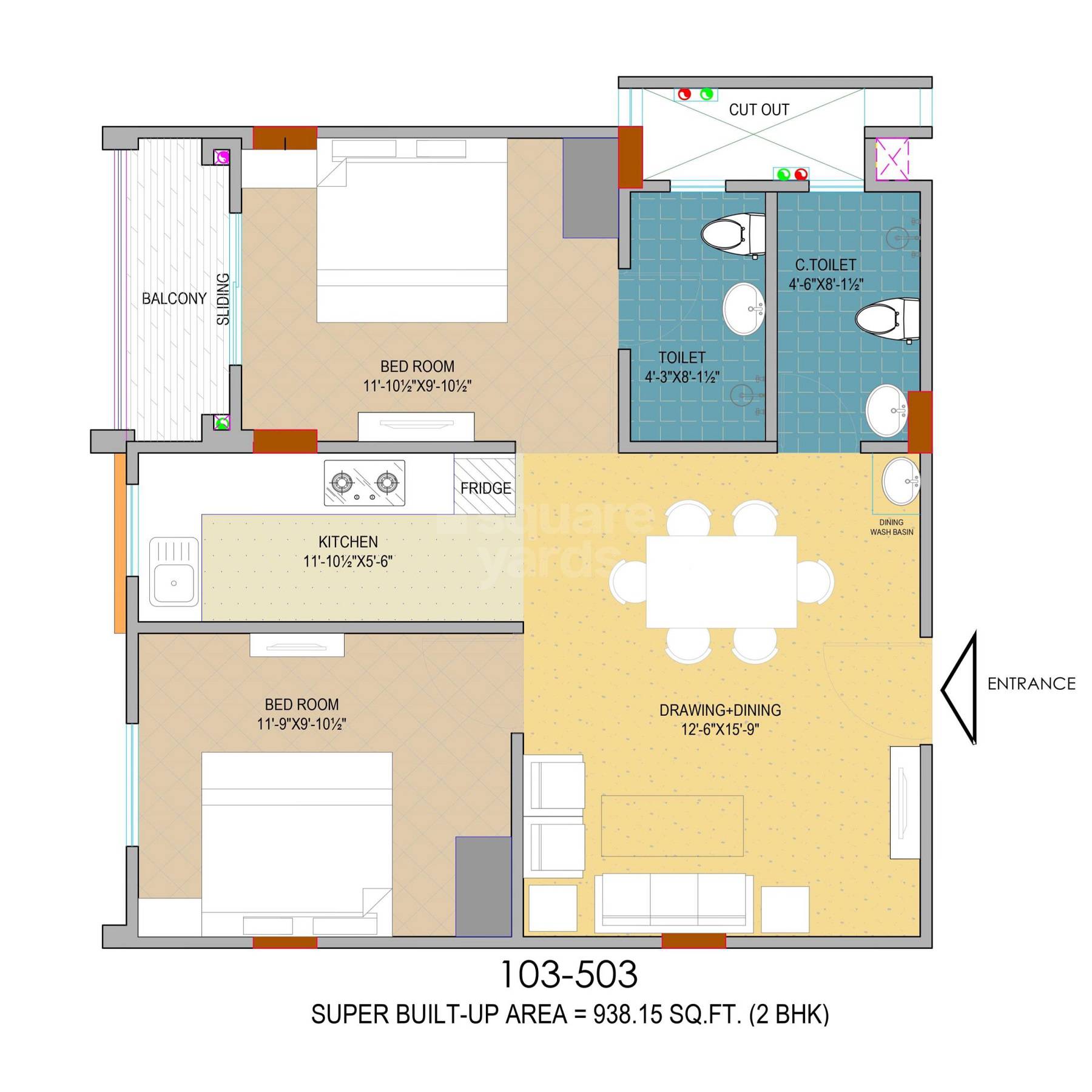 Floor plan of 2 BHK 938 Sq. Ft. Apartment in JVJ Dream Residency, Jaipur