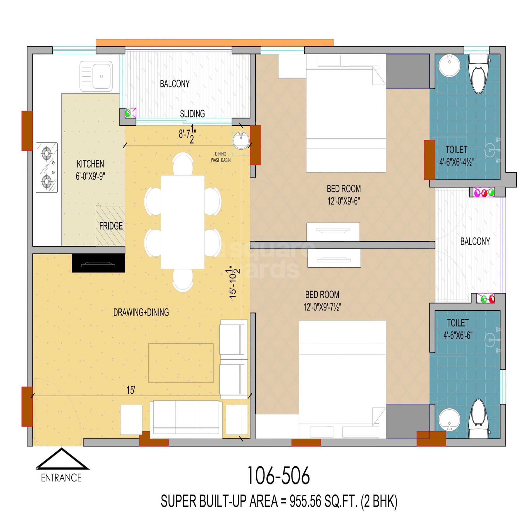 Floor plan of 2 BHK 955 Sq. Ft. Apartment in JVJ Dream Residency, Jaipur